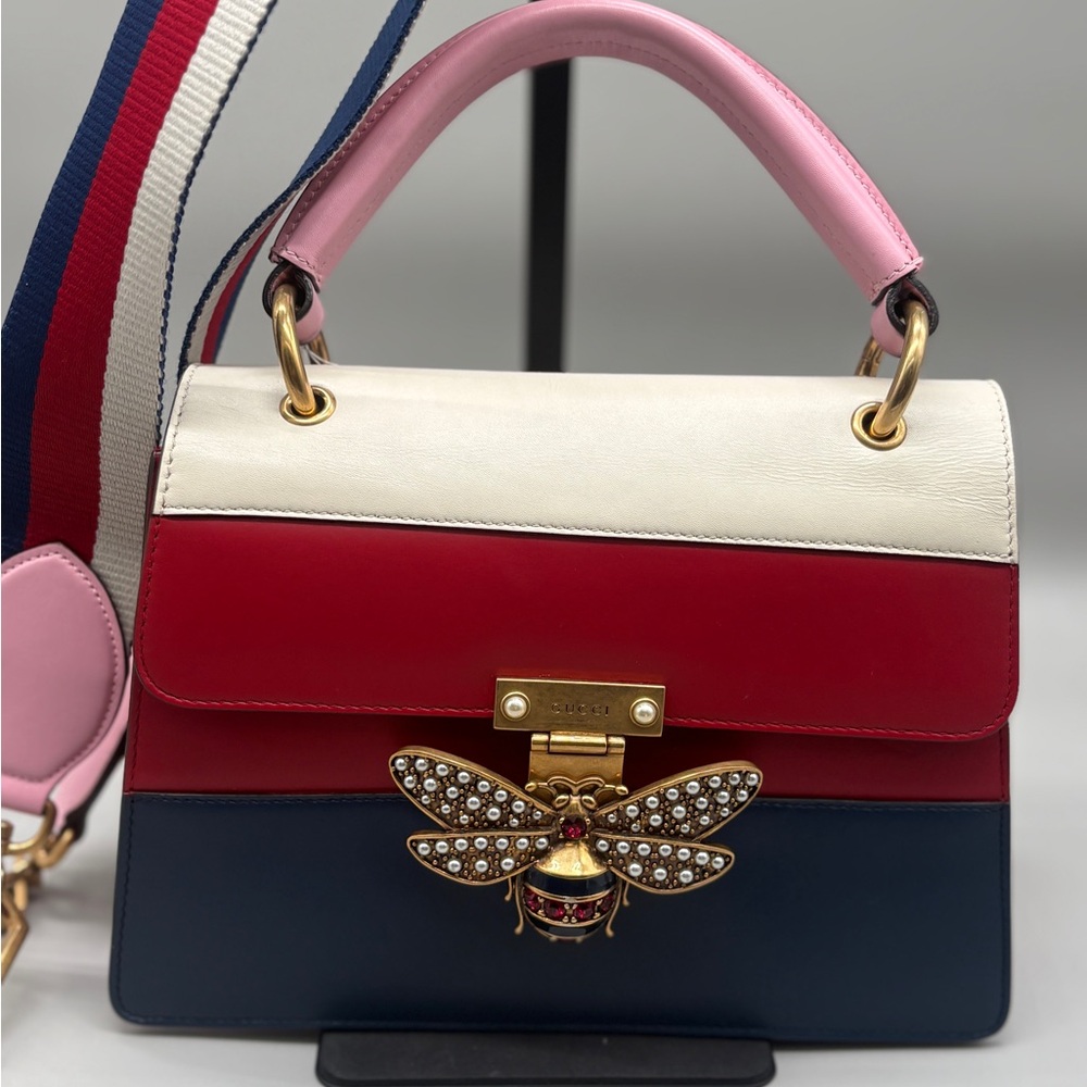 Gucci Queen Margaret Bee Top Handle Bag Red White Blue Leather